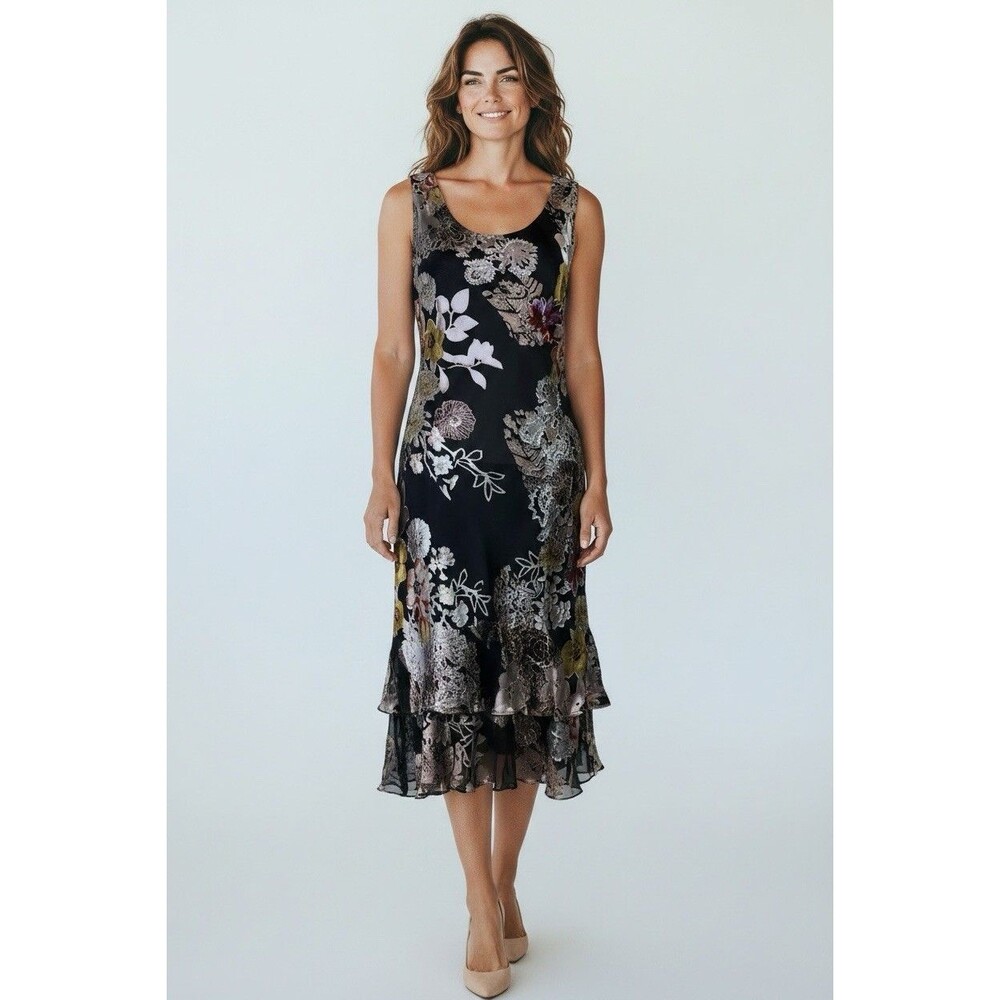 Black Floral Burnout Sheath Midi Dress Size S Wedding Asymmetric Fairy Ethereal